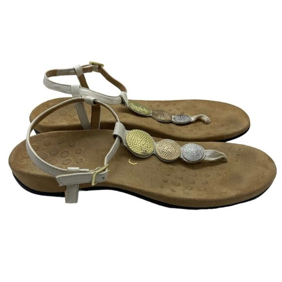 Vionic 342  Lizbeth TVW4264 Ankle T Strap Sandals White Leather Medallion Size 9 - Picture 1 of 5